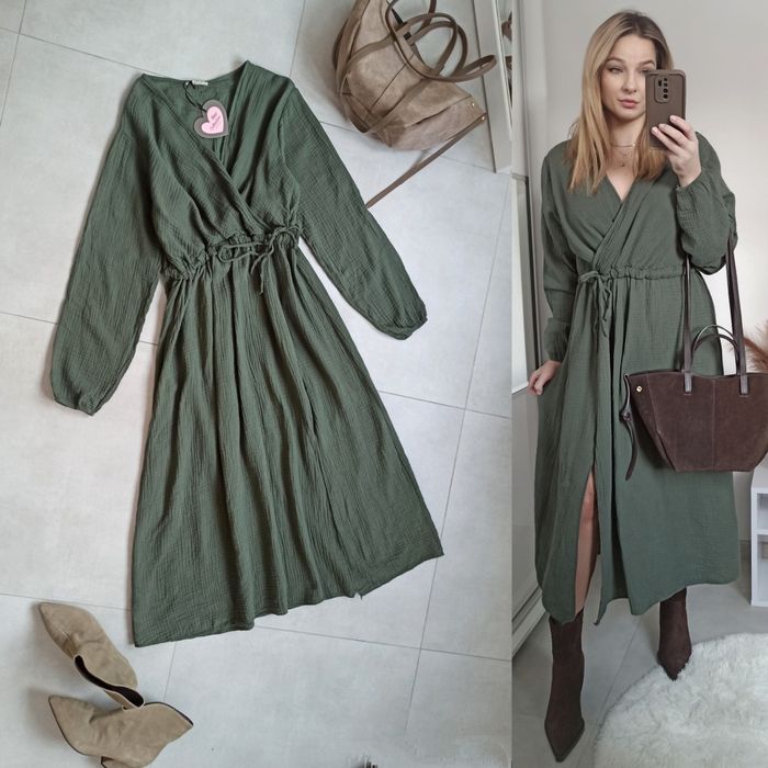 New collection sukienka butelkowa zieleń bawełna muślinowa MIDI