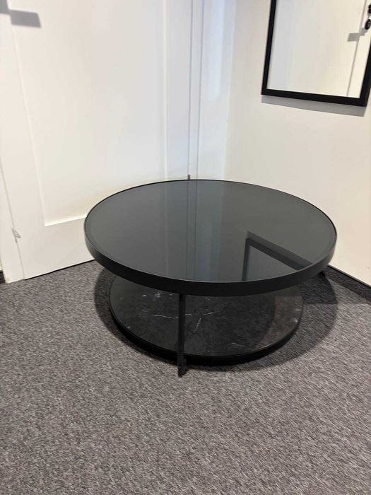 Stolik kawowy, antracyt imitacja marmuru/czarny szkło, 88 cm