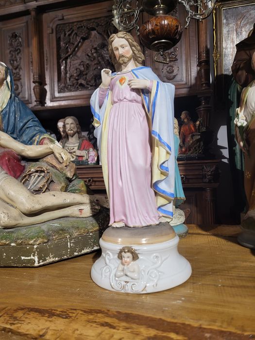 Duża zabytkowa figura Najświętsze Serce Pan Jezus porcelana Andenne