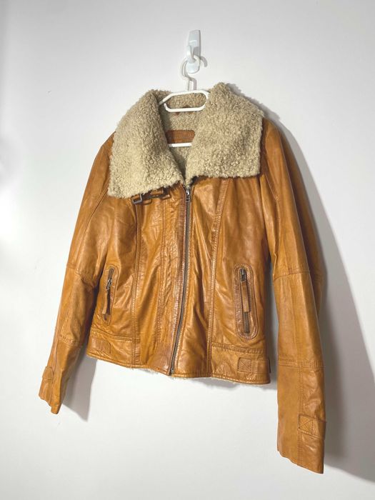 kurtka skórzana skóra naturalna pilotka S M ramoneska kożuch baranek