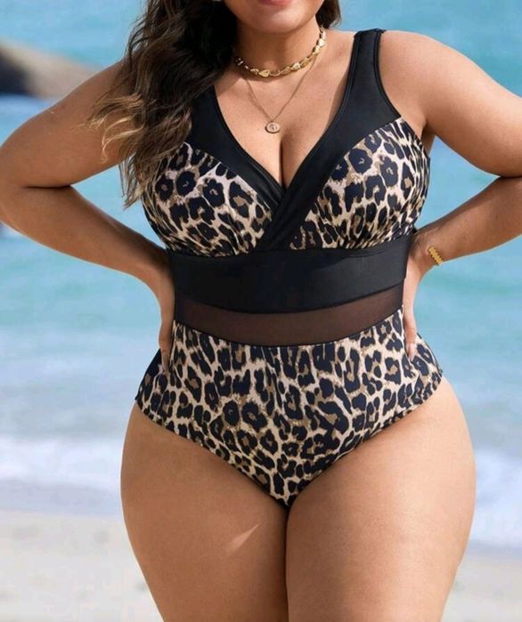 Купальник сдельный большого размера леопард с сеточкой на талии XXXL