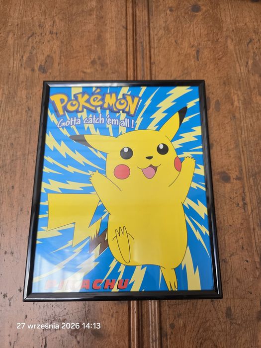 Plakat retro Pokémon PIKACHU 1999 w ramce (25x20 cm) – Vintage / Kolekcjonerski