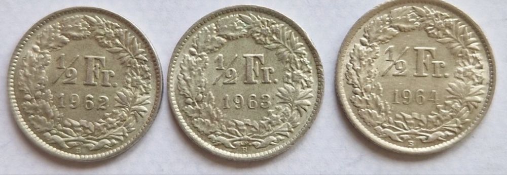 3 moedas de 1/2 franco suico em prata