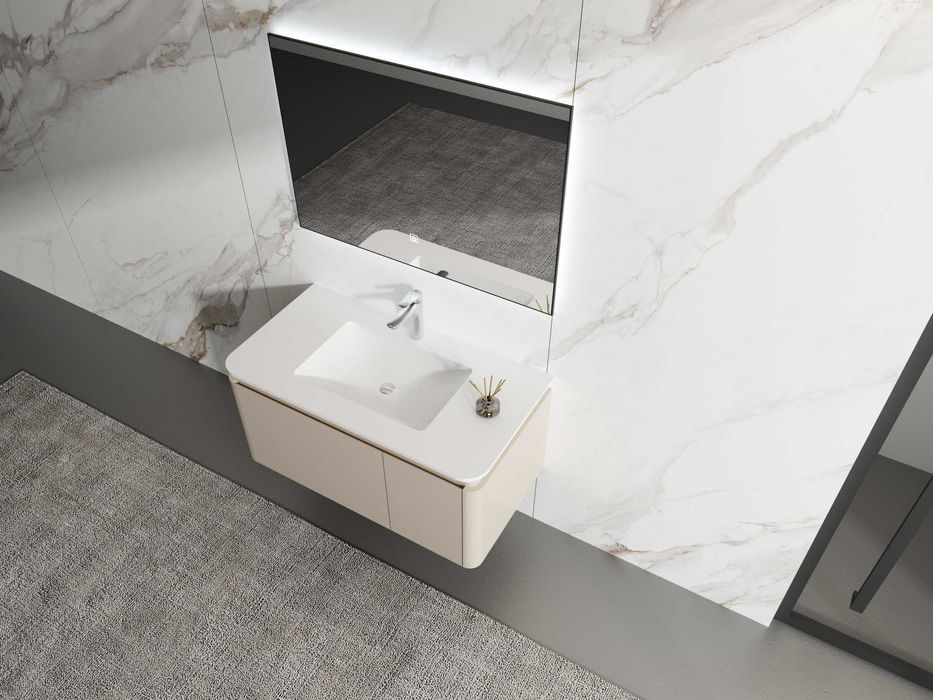 Móvel de WC Suspenso + tampo Led + Lavatório em resina + Espelho Led