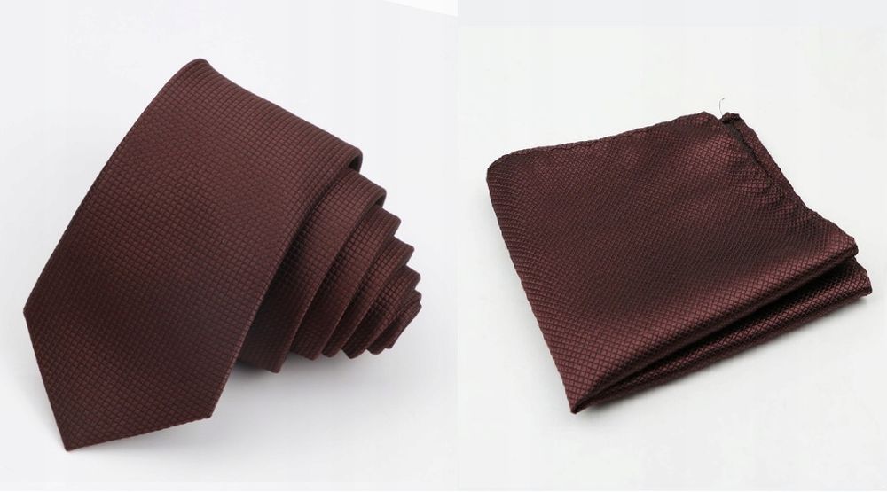 KRAWAT męski brązowy gładki + POSZETKA brązowa + PUDEŁKO modny elegancki (091KP)