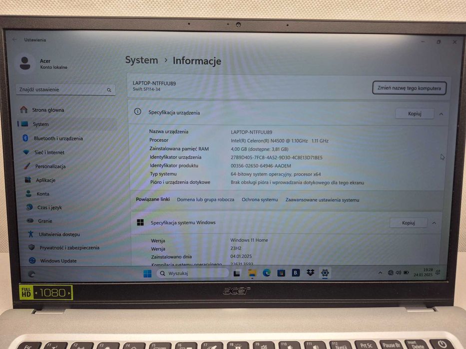 Laptop Acer Swift 1 SF114-34 N4500 4/128 14" Madej S.C. Igielna Jasło