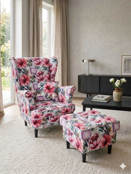 --> Fotel Uszak Wzory Kwiaty