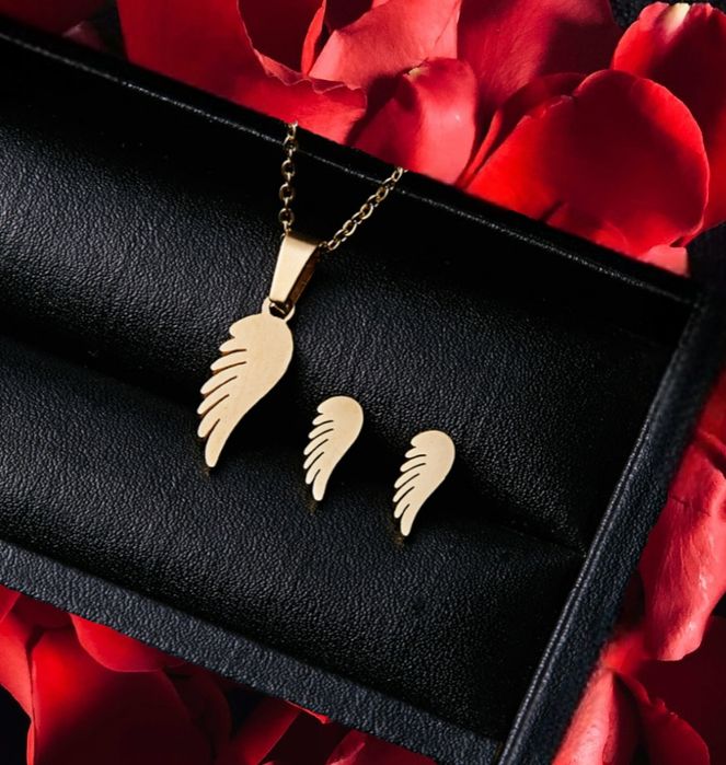 Modny Złoty KOMPLET Biżuterii Łańcuszek Zawieszka Kolczyki