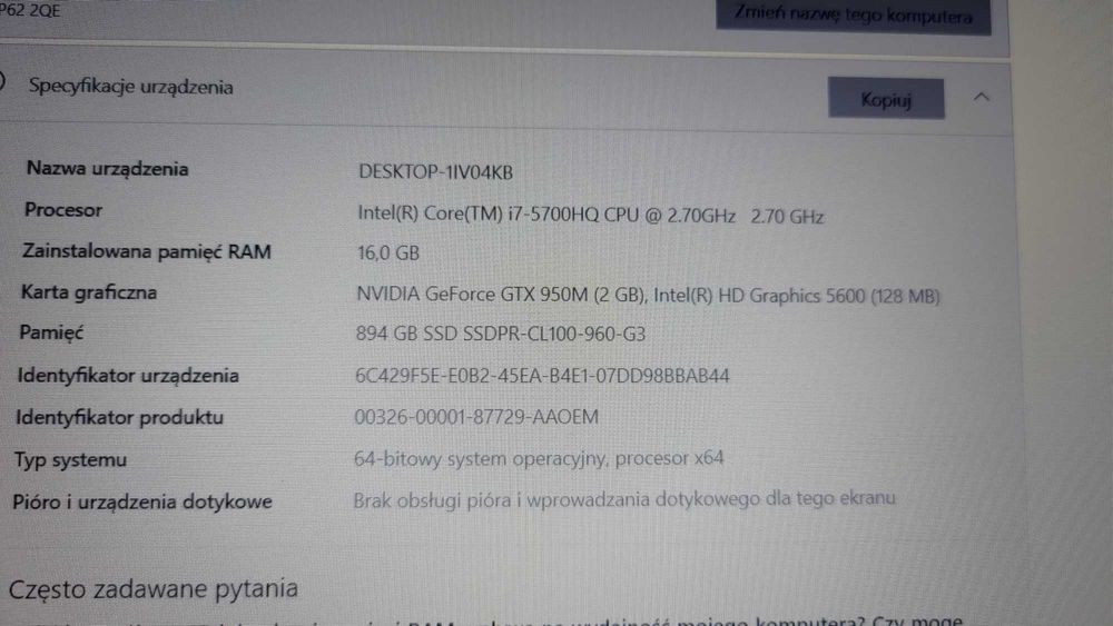 MSI GP62 2QE | i7 | 16GB RAM | SSD 960GB | sprawny | do pracy