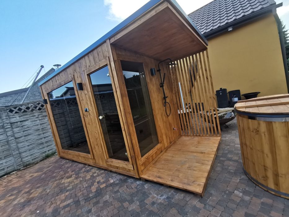 Sauna Ogrodowa Ocieplona zewnętrzna 4,5x2m Prysznic Piec Delux