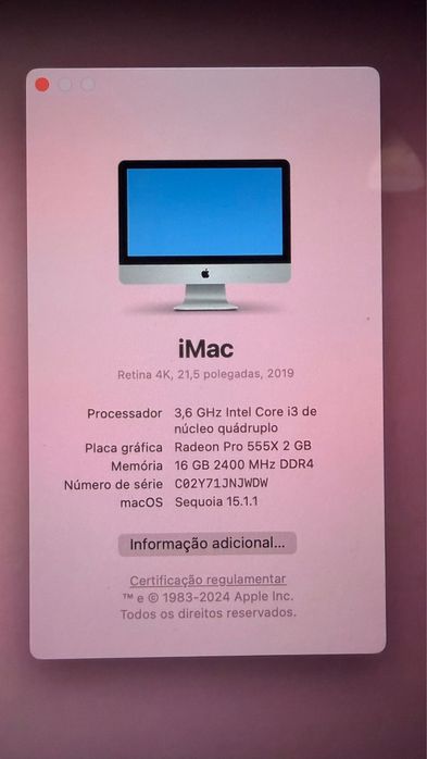 Apple iMac 21.5 4K 2019 – 16GB RAM / Radeon 555X – Bom estado