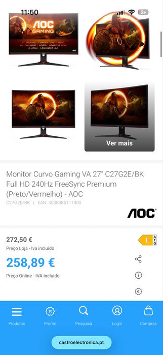Minitor aoc curvo 240hz novo