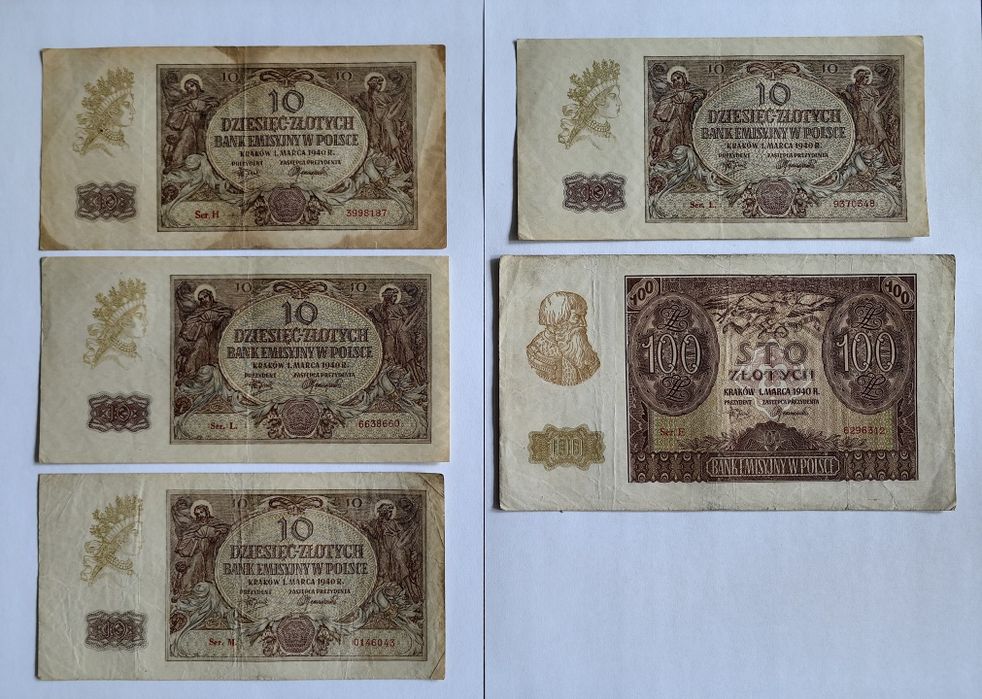 Zestaw banknotów 4x 10 zł i 1x 100 zł z 1940 r.