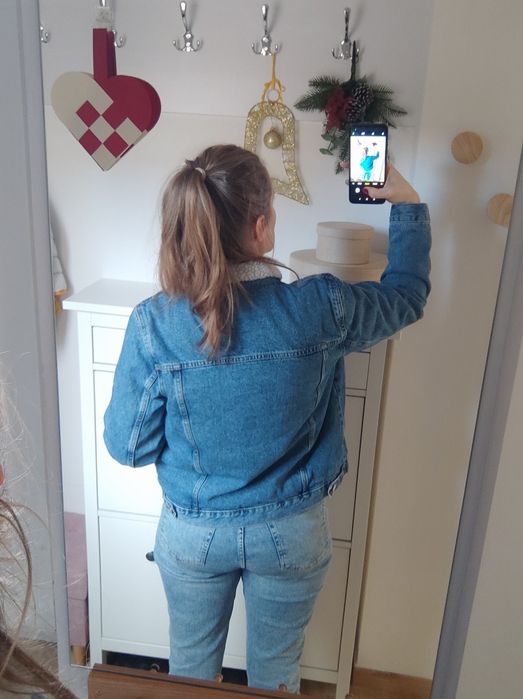 Kurtka zimowa jeansowa z misiem L/40 Sinsay niebieska ocieplana