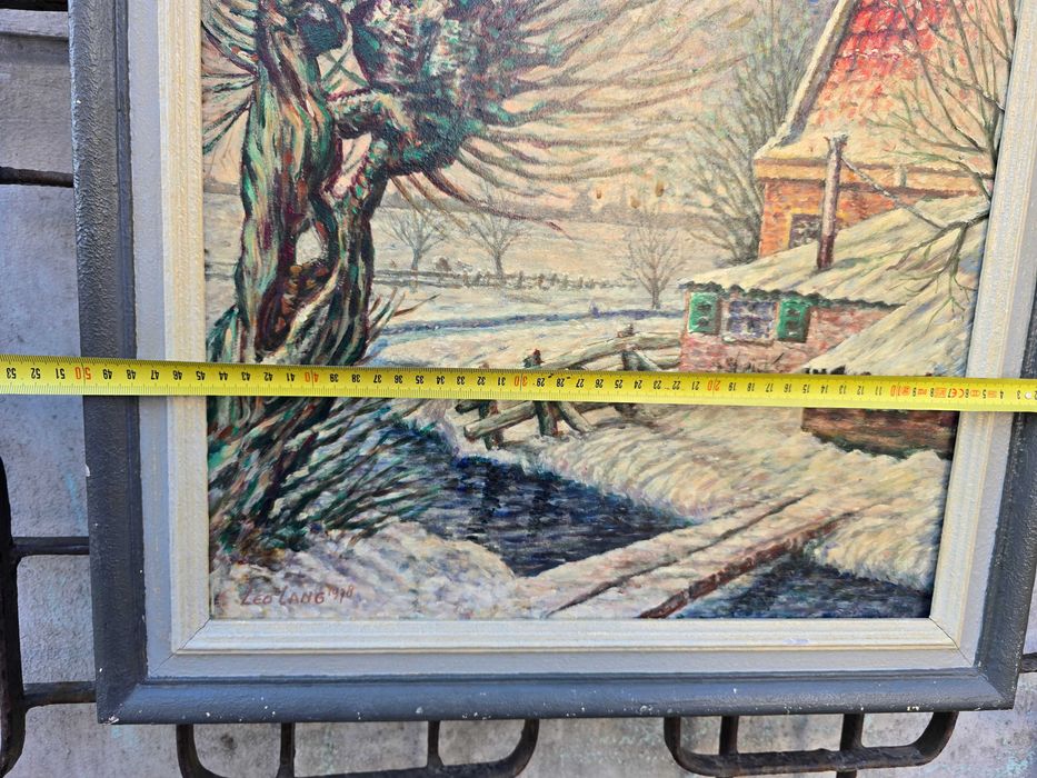 Stary obraz olejny  Leo Lang drzewa i domy