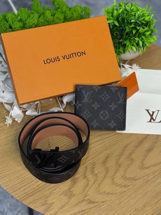 Набір Louis Vuitton чорний ремінь + гаманець Lv набор Луи Витон Лв | Набор Луї Вітон чоловічий чорний пасок Лв 105 см ремінь Louis Vuitton чорний