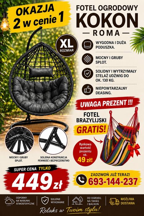 Promocja Fotel Ogrodowy KOKON bujak gruby splot duża poduszka premium gratis fotel brazylijski