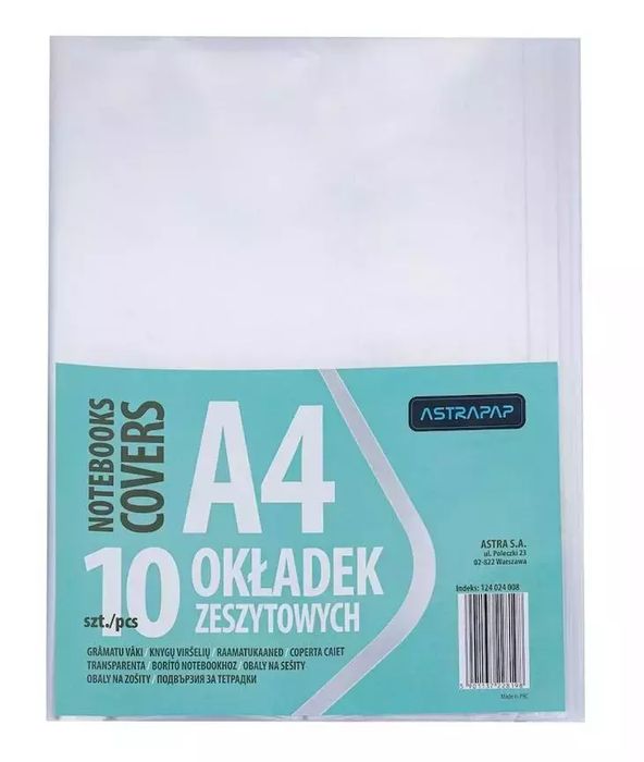 Okładka zeszytowa A4 bezbarwna (10 sztuk). Astra. Nowy Produkt