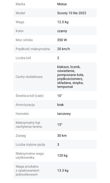 Hulajnoga elektryczna MOTUS SCOOTY 10LITE