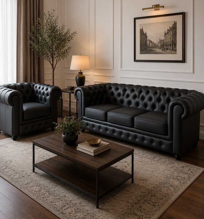 Zestaw Chesterfield Classic SOFA 3-OS + FOTEL | skóra naturalna | Classic | czarny | NOWY | Producent | Jakość Premium