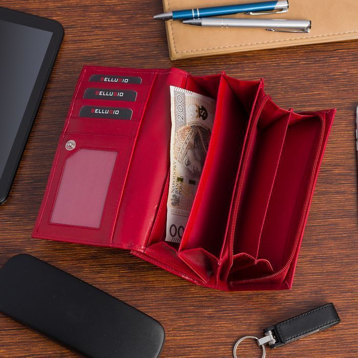 Podłużny elegancki skórzany portfel damski Bellugio czerwony w pudełku