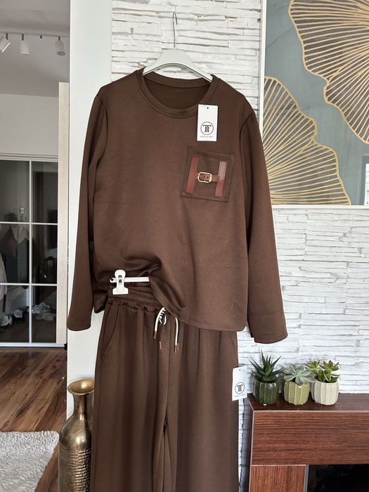 Komplet dresowy dres masełkowy z szwedami brązowy elegancki czekolada damski S M L 36 38 40