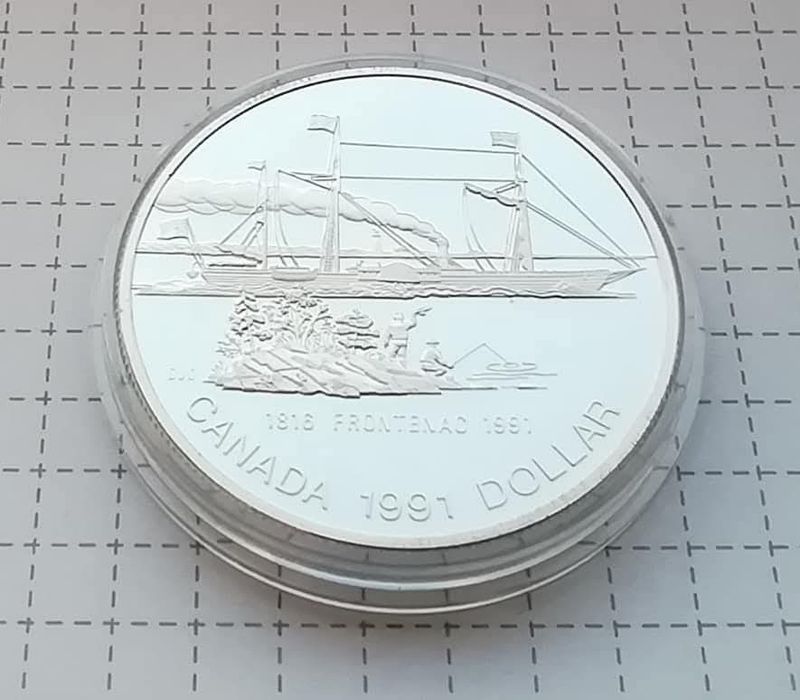 Канада 1 долар 1991р. СРІБЛО. ПРУФ. Пароплав Фронтенак. Сертифікат.