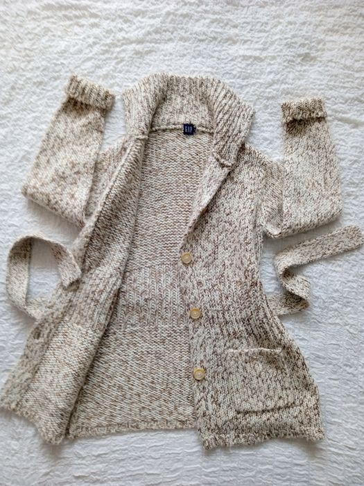 Długi sweter Kardigan damski L wełna naturalna GAP