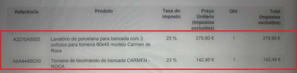 Conjunto Roca Carmen NOVO em Caixa (Lavatório Bancada 60x45 + Torneira Bicomando) c/ Fatura