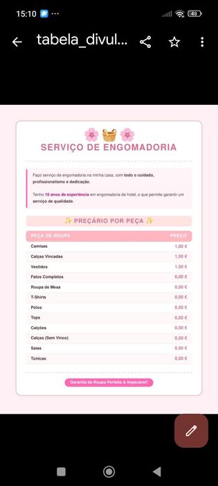 Serviço de engomadoria