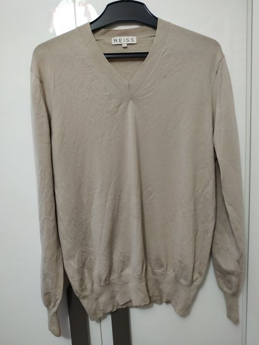 Sweter męski, Reiss beżowy  merino dekolt w serek, M, wełna