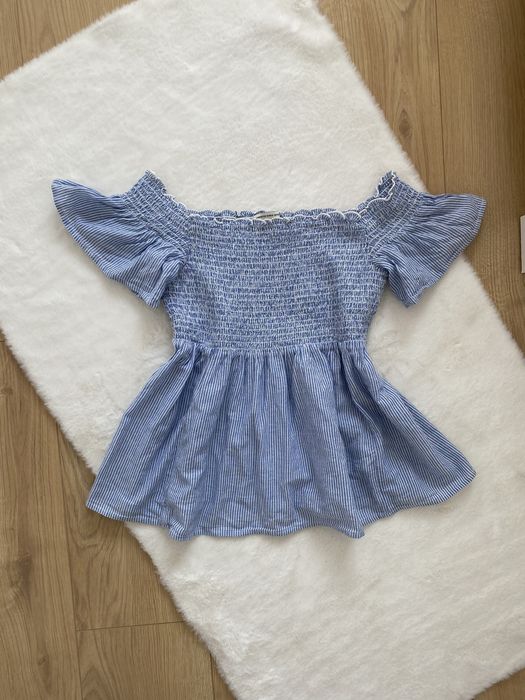 Niebieski top na krótki rękaw w paseczki odkryte ramiona M 38 american eagle