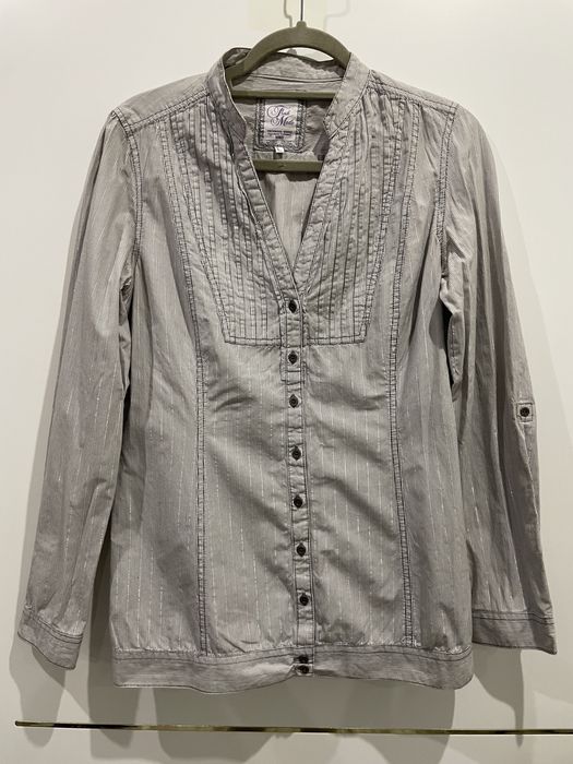 Koszula ze stójką dłuższa bluzka szara srebrna paski L