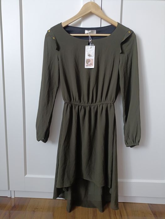 Elegancka sukienka z długim rękawem asymetryczna the style London zielona khaki xs