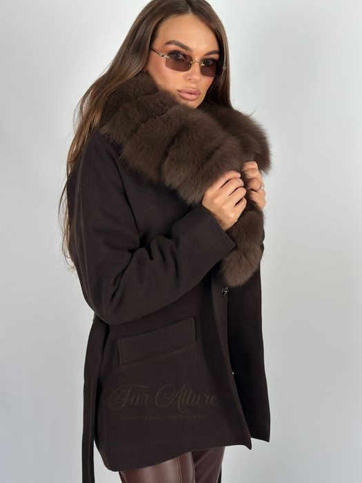 Жіноче кашемірове шоколадне пальто з натуральним хутро песця,42-56р