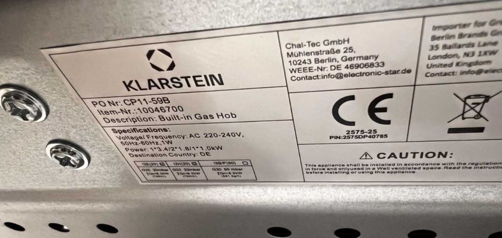 Газова плита варильна поверхня Klarstein Turbocast, 4 конф Нержавійка