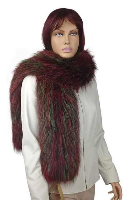 Szal pleciony z futra lisa zielono-czerwony elegancki