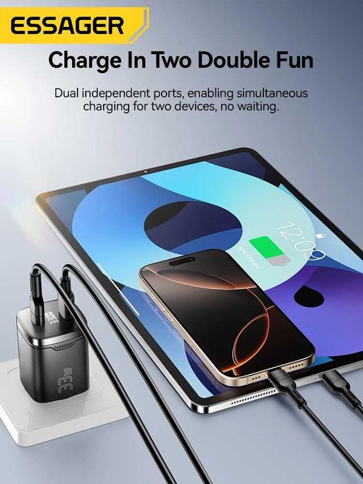 Зарядний пристрій Essager 33W GaN. Дисплей. Швидка зарядка USB Type-C