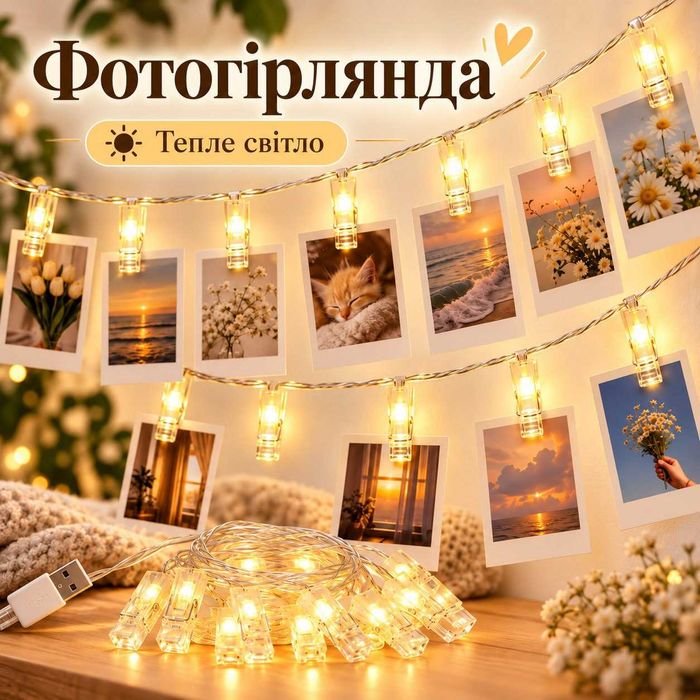Фотогірлянда LU999 4,5 м з прищіпками | LED гірлянда для фото, листівок та декору