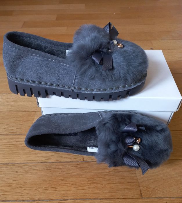 Женские автоледи SOPRA мокасины на меху, 36 размер, серые с замшей