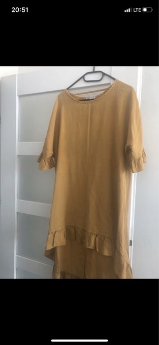 Tunika damska bluzka krotki rekaw musztardowa lyocel  42 XL falbanka