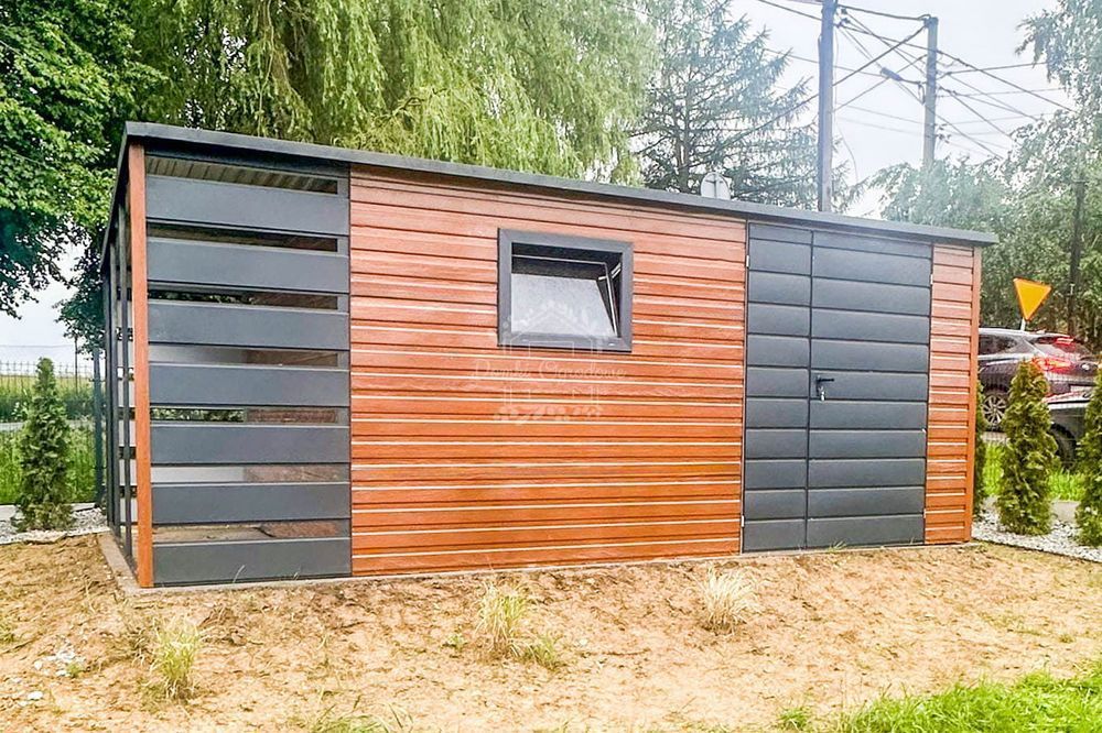 Schowek Domek Ogrodowy 4x2,5m + wiata 1m  Drewnopodobny Antracyt ID618