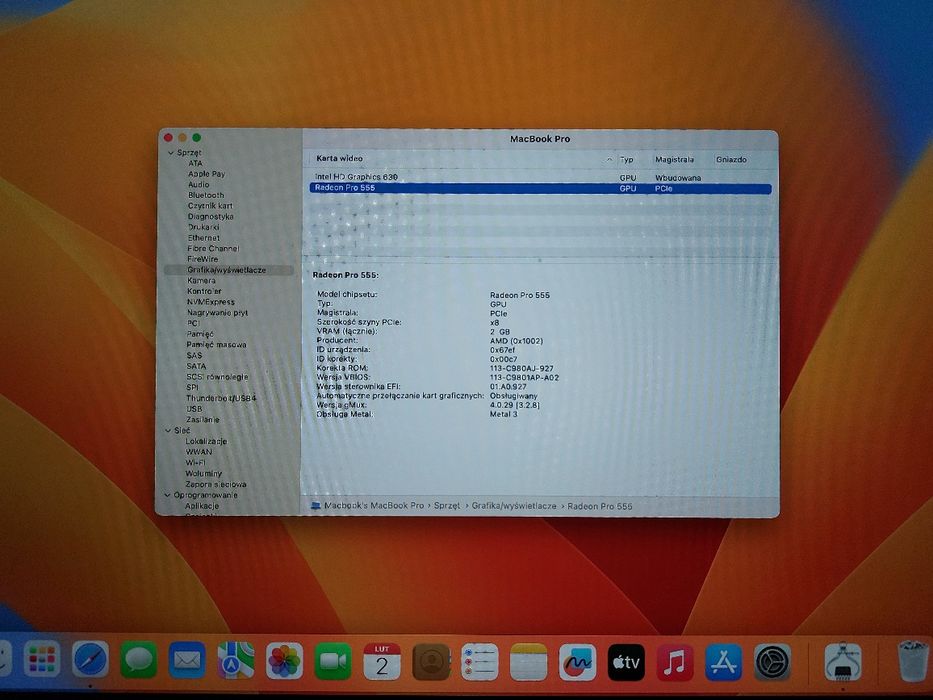 Macbook Pro 15 2017  i7/16GB/256SSD/AMD Pro 555 2GB/Bateria 1 Cykl/