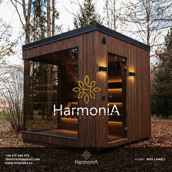 Sauna PANORAMA Ogrodowa Fińska Ocieplana Termo-drewno Premium piec Harvia