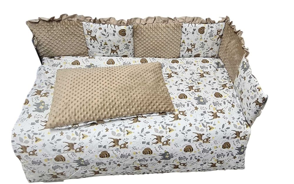 Pościel do łóżeczka, ochraniacz, poszewki minky brąz + bambi