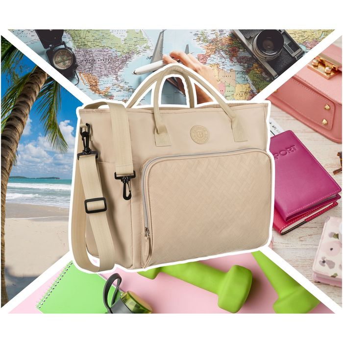 praktyczna torba podróżna z poliestru w beżowym kolorze, wyposażona