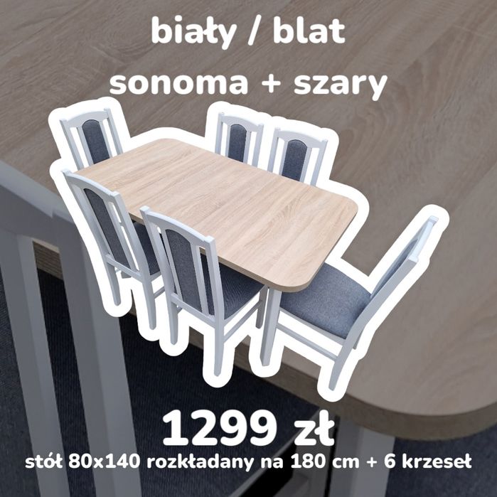 Nowe: Stół rozkładany + 6 krzeseł, biały/blat sonoma + szary, dostawa cała Polska WWW.DX-MEBLE.PL
