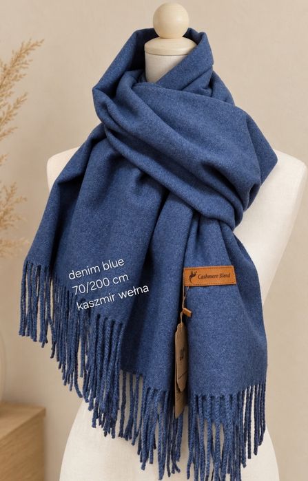 Szal kaszmir wełna duży rozmiar 200x70 cm denim blue
