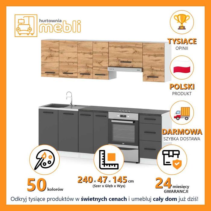 Kuchnia Nowoczesna Modułowa Mokka 2.4m Zestaw Komplet Szary Z Drewnem