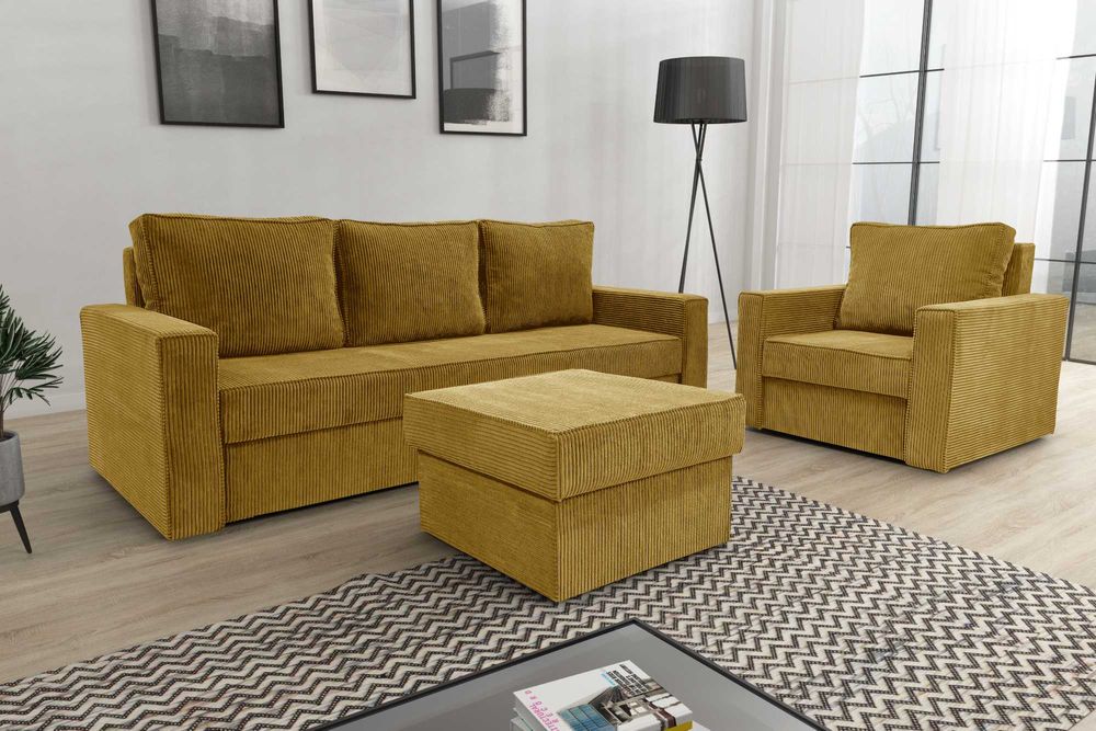 Zestaw komplet wypoczynkowy kanapa fotel pufa Sofia. Sztruks, sprężyny